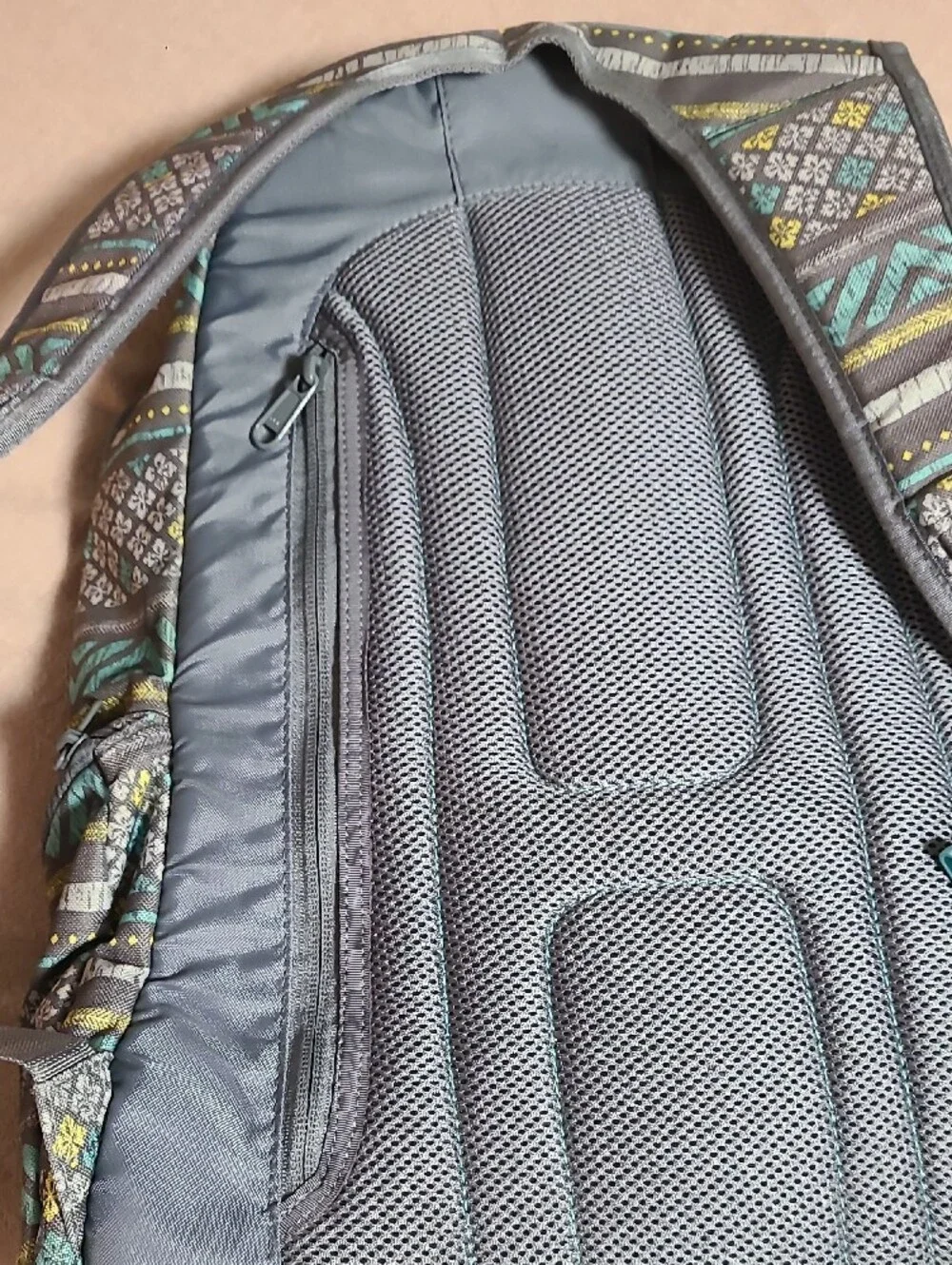 Gray Patterned Backpack with Aqua & Yellow Accents
